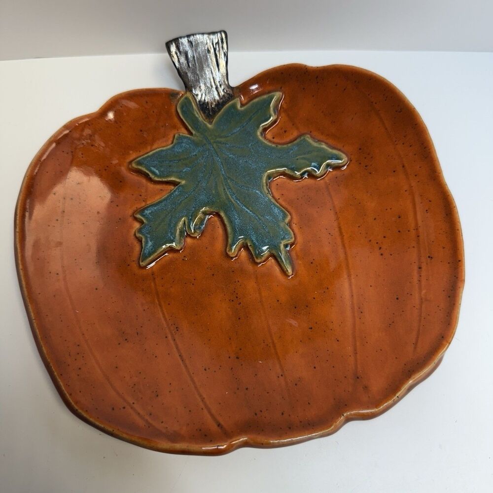 Autumn Leaf Fall Pumpkin Glazed Artist Pottery Decorative Dish Plate Bowl